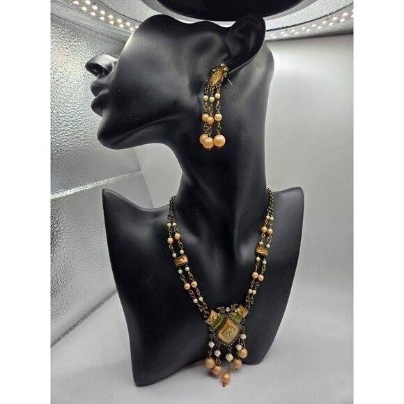 Vintage Enamel Brass Necklace & Earring Set  Rhinestone & Faux Pearl Dangles - Picture 4 of 8